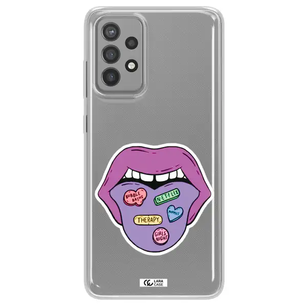 a purple lips with different colored hearts on it Samsung A72 Clear TPU Case