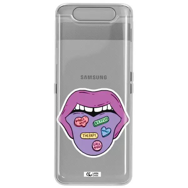 a purple lips with different colored hearts on it Samsung A80 Clear TPU Case