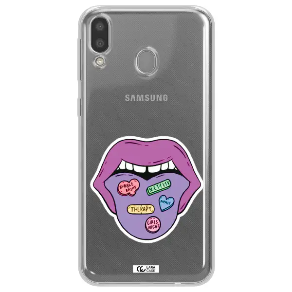 a purple lips with different colored hearts on it Samsung M20 Clear TPU Case
