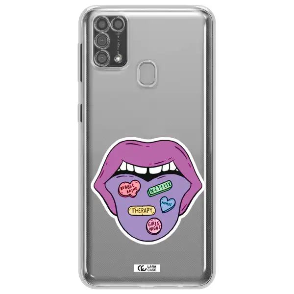 a purple lips with different colored hearts on it Samsung M31 Clear TPU Case