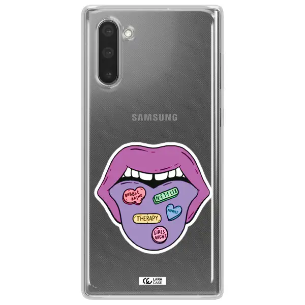 a purple lips with different colored hearts on it Samsung Note 10 Clear TPU Case