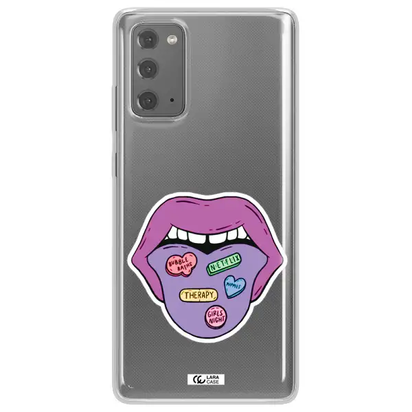 a purple lips with different colored hearts on it Samsung Note 20 Clear TPU Case