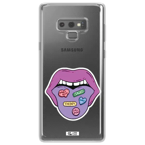 a purple lips with different colored hearts on it Samsung Note 9 Clear TPU Case