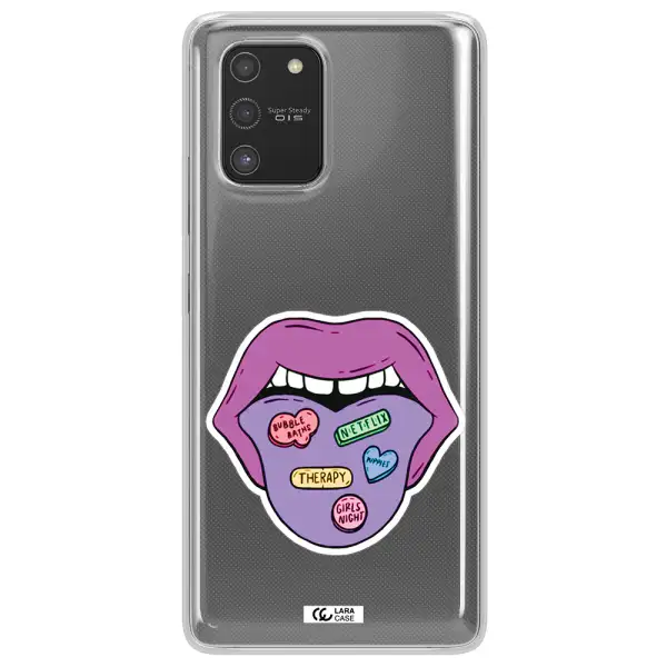 a purple lips with different colored hearts on it Samsung S10 Lite Clear TPU Case