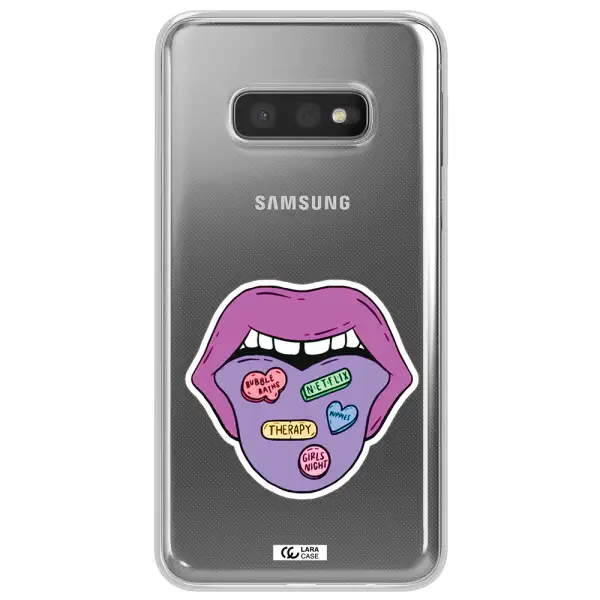 a purple lips with different colored hearts on it Samsung S10e Clear TPU Case