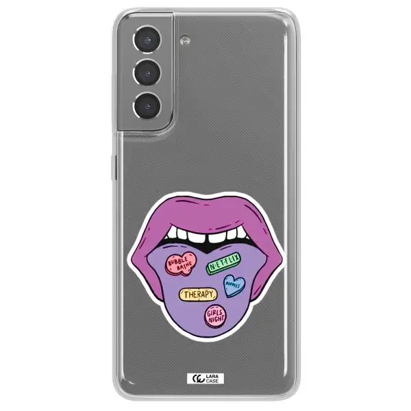 a purple lips with different colored hearts on it Samsung S21 Clear TPU Case