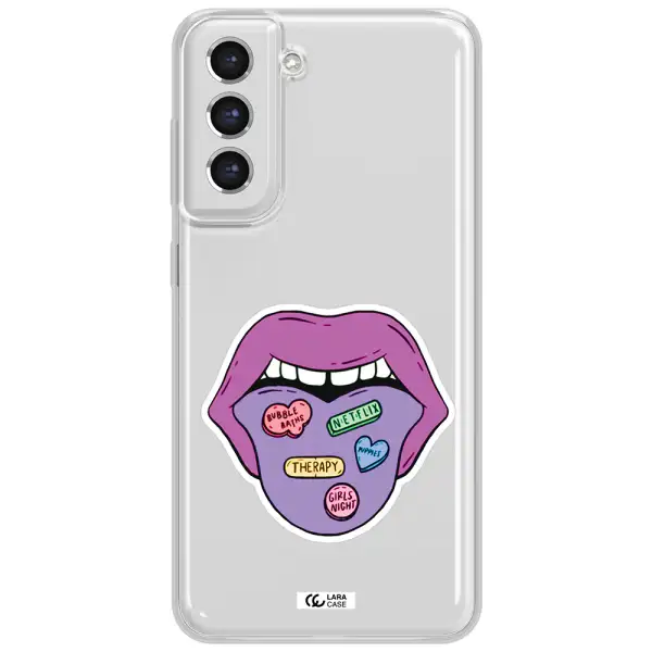 A Purple Lips With Different Colored Hearts On It Samsung S21 Fe Clear Tpu Case