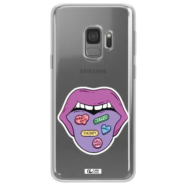 a purple lips with different colored hearts on it Samsung S9 Clear TPU Case