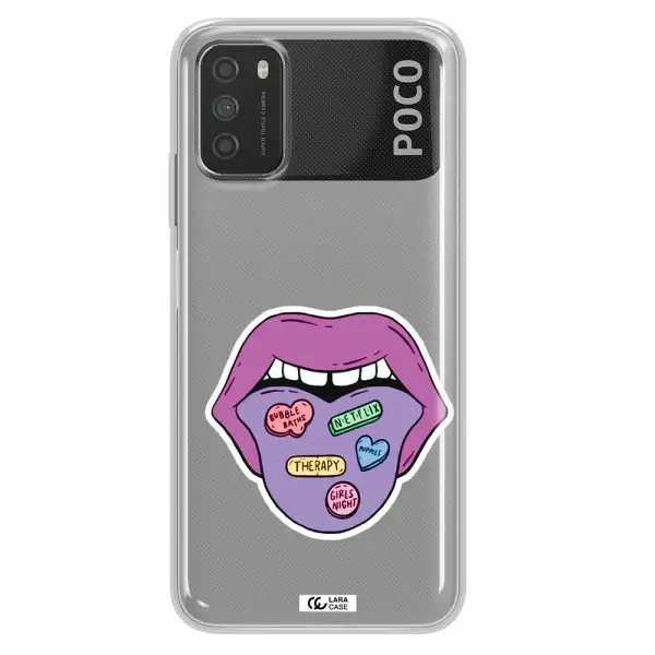 a purple lips with different colored hearts on it Xiaomi Poco M3 Clear TPU Case