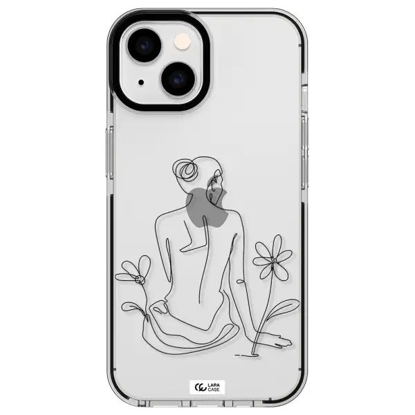 a woman sitting on a flower Apple iPhone 14 impact black border Case