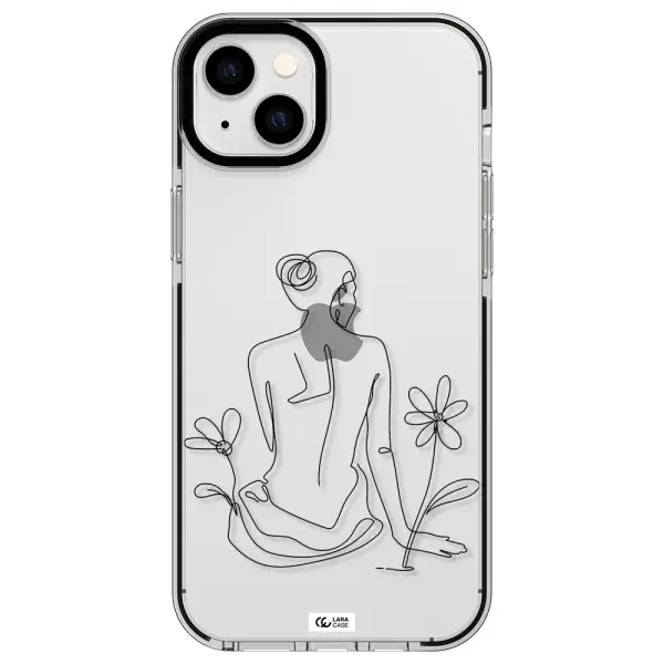 a woman sitting on a flower Apple iPhone 14 plus impact black border Case