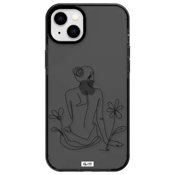 a woman sitting on a flower Apple iPhone 14 plus impact Smoke Black Case