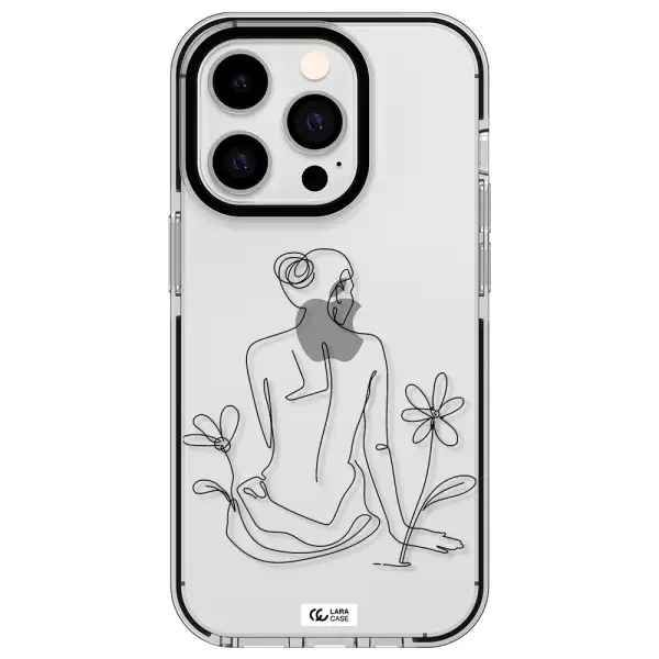 a woman sitting on a flower Apple iPhone 14 pro impact black border Case