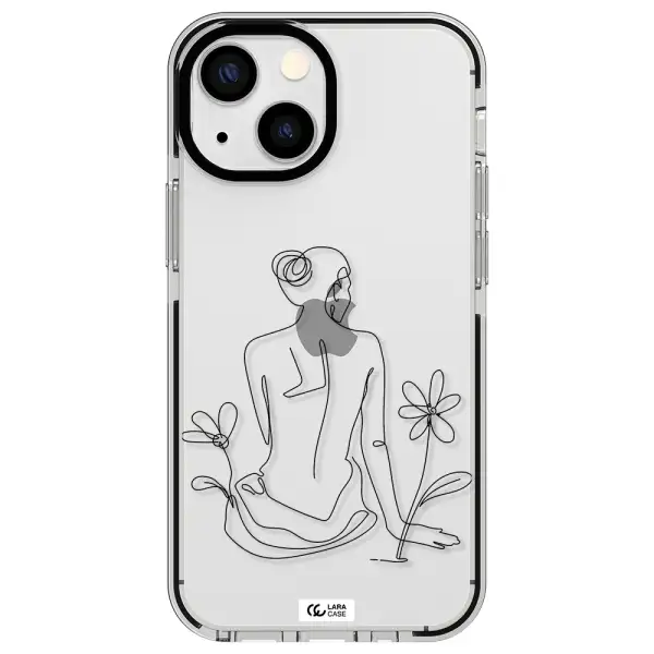 a woman sitting on a flower Apple iPhone 15 impact black border Case