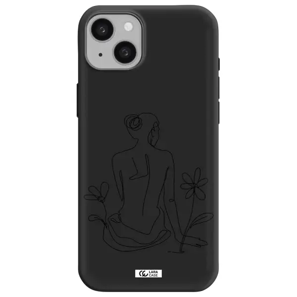 a woman sitting on a flower Apple iphone 15 plus Silicone black Case