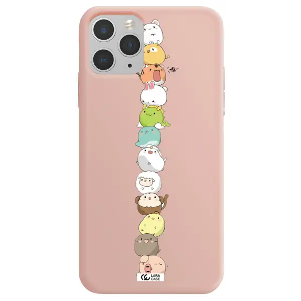 a stack of cartoon animals Apple iPhone 11 pro max Silicone pastel pink Case