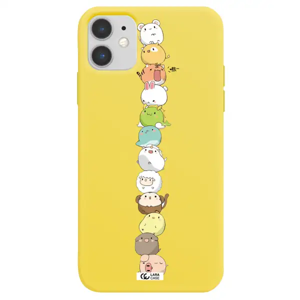 a stack of cartoon animals Apple iPhone 11 Silicone canary yellow Case