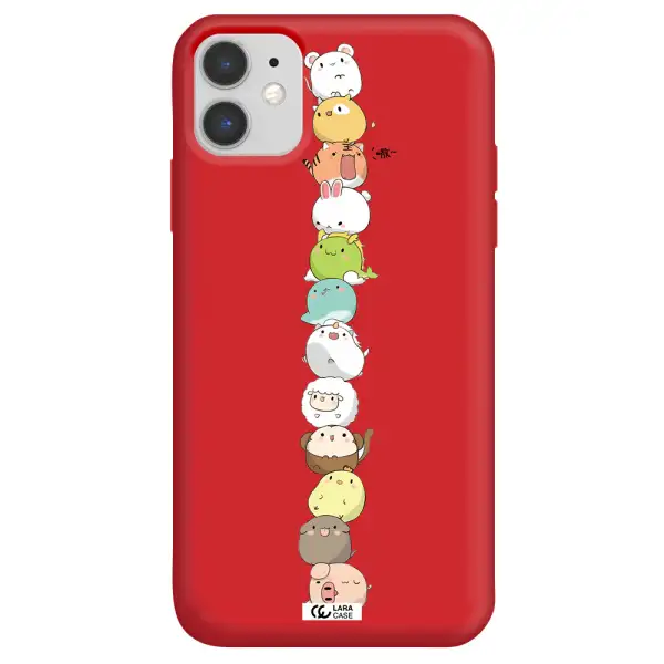 a stack of cartoon animals Apple iPhone 11 Silicone Imperial Red Case
