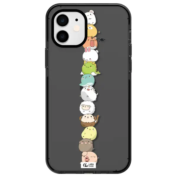 a stack of cartoon animals Apple iPhone 12 impact Smoke Black Case