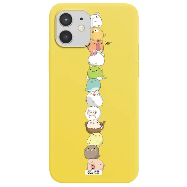 a stack of cartoon animals Apple iPhone 12 mini Silicone canary yellow Case