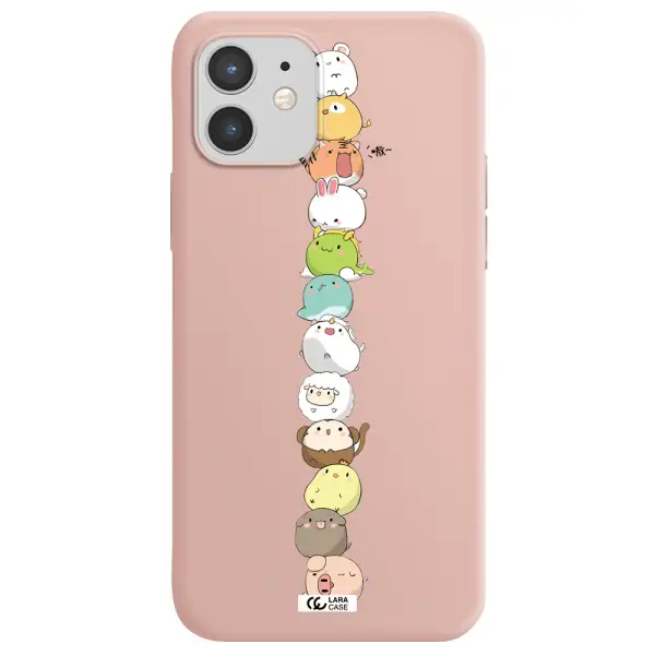 a stack of cartoon animals Apple iPhone 12 mini Silicone pastel pink Case