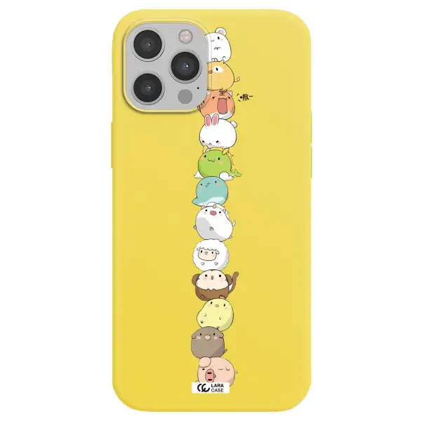 a stack of cartoon animals Apple iPhone 12 pro max Silicone canary yellow Case