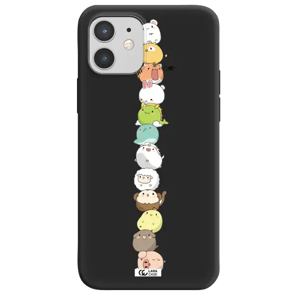 a stack of cartoon animals Apple iPhone 12 Silicone black Case