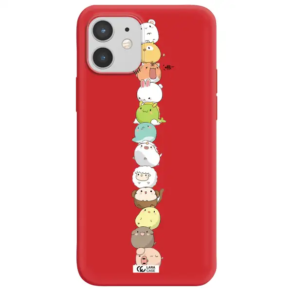 a stack of cartoon animals Apple iPhone 12 Silicone Imperial Red Case