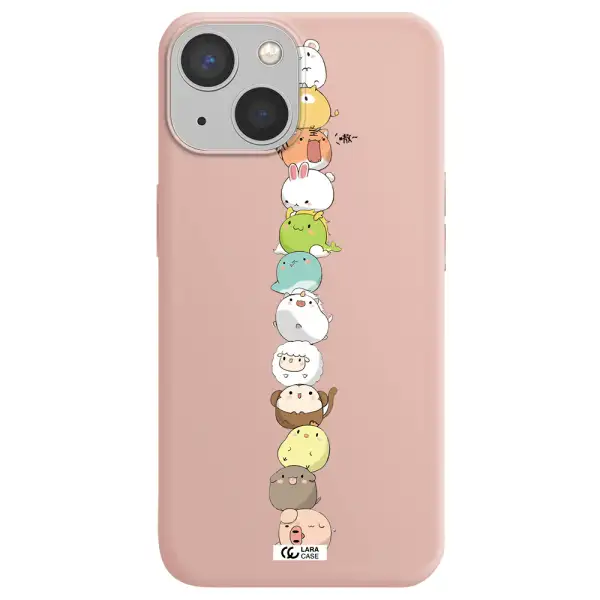 a stack of cartoon animals Apple iPhone 13 mini Silicone pastel pink Case