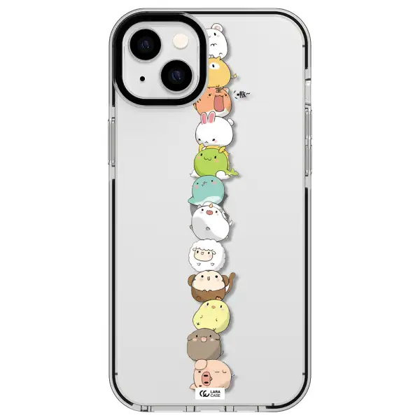 a stack of cartoon animals Apple iPhone 14 plus impact black border Case