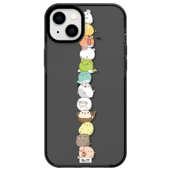 a stack of cartoon animals Apple iPhone 14 plus impact Smoke Black Case
