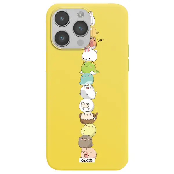 a stack of cartoon animals Apple iPhone 14 pro Silicone canary yellow Case