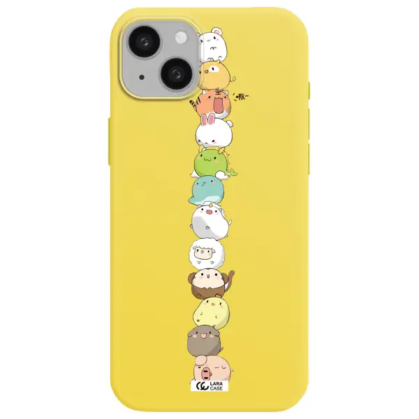 a stack of cartoon animals Apple iphone 15 plus Silicone canary yellow Case