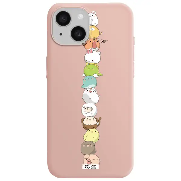A Stack Of Cartoon Animals Apple Iphone 15 Silicone Pastel Pink Case