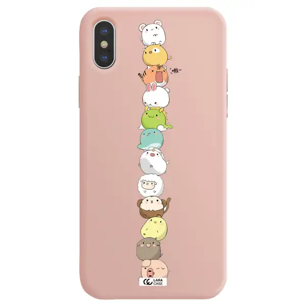 a stack of cartoon animals Apple iPhone XS Silicone pastel pink Case