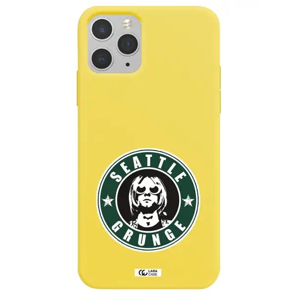 a logo with a man wearing sunglasses Apple iPhone 11 pro max Silicone canary yellow Case