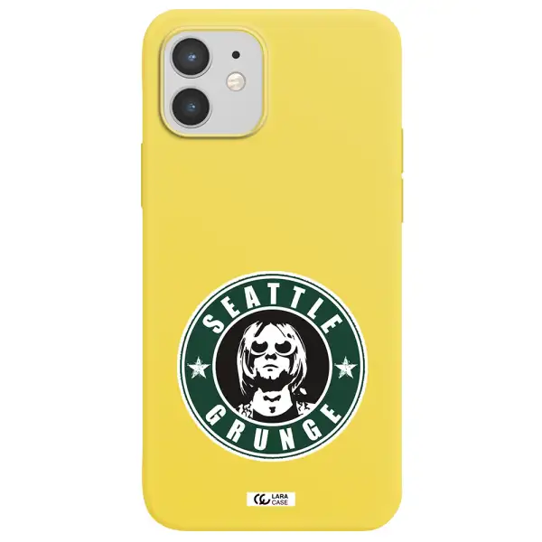 a logo with a man wearing sunglasses Apple iPhone 12 Silicone canary yellow Case