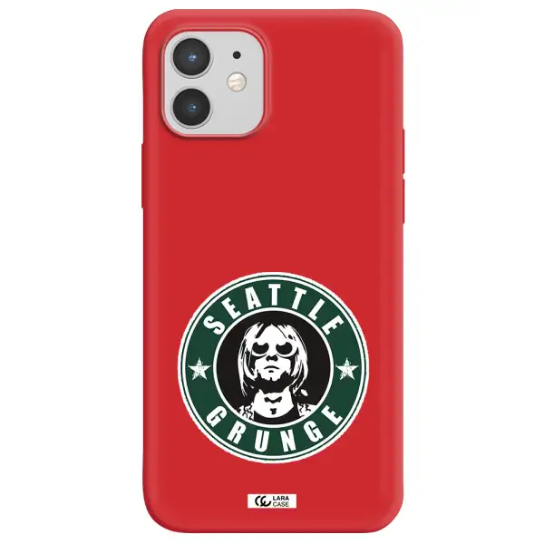 a logo with a man wearing sunglasses Apple iPhone 12 Silicone Imperial Red Case