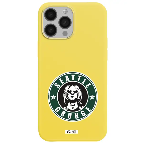 a logo with a man wearing sunglasses Apple iPhone 13 Pro Max Silicone canary yellow Case