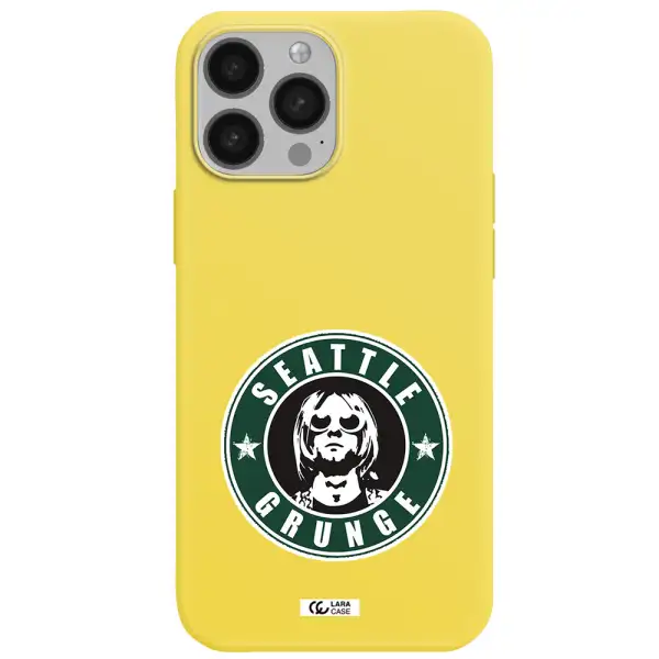 a logo with a man wearing sunglasses Apple iPhone 13 Pro Silicone canary yellow Case