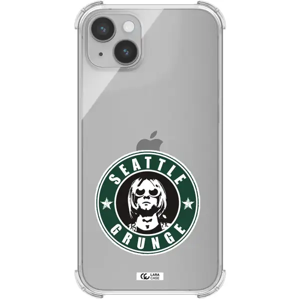 a logo with a man wearing sunglasses Apple iPhone 14 plus Clear PC Case