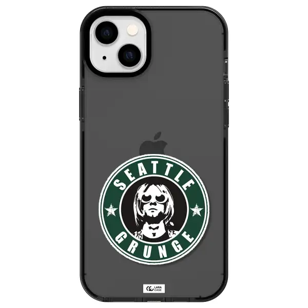 a logo with a man wearing sunglasses Apple iPhone 14 plus impact Smoke Black Case