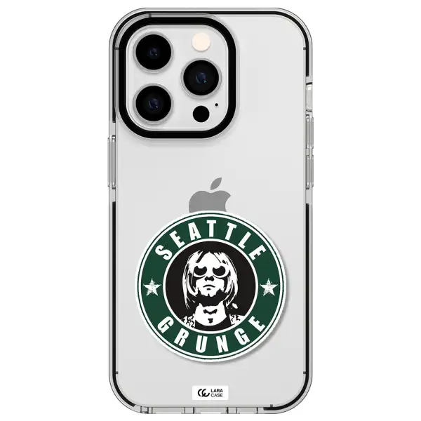 a logo with a man wearing sunglasses Apple iPhone 14 pro impact black border Case