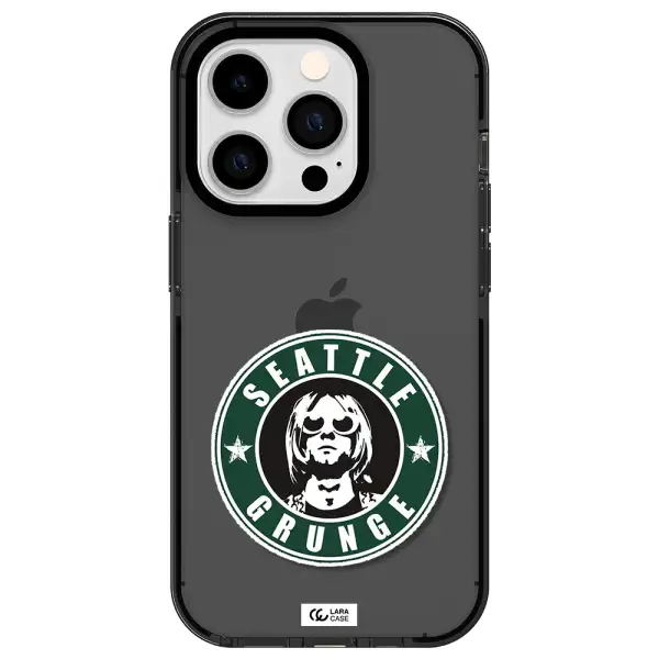 a logo with a man wearing sunglasses Apple iPhone 14 pro impact Smoke Black Case