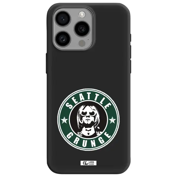 a logo with a man wearing sunglasses Apple Iphone 15 Pro max Silicone black Case