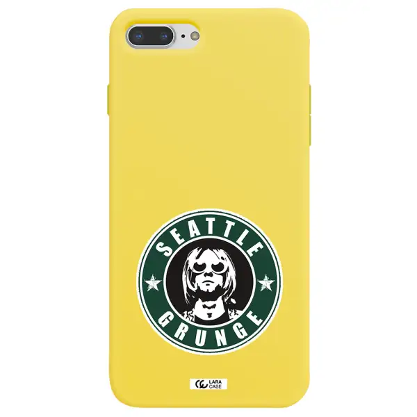 a logo with a man wearing sunglasses Apple iPhone 8 plus Silicone canary yellow Case