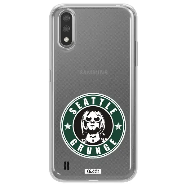 a logo with a man wearing sunglasses Samsung A01 Clear TPU Case