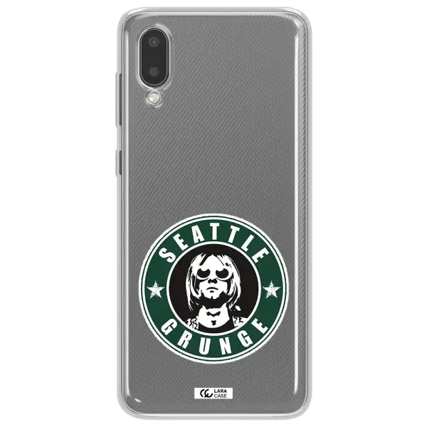 a logo with a man wearing sunglasses Samsung A02 Clear TPU Case