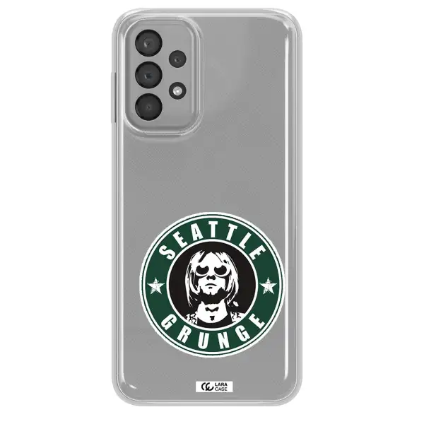 a logo with a man wearing sunglasses Samsung A23 Clear TPU Case