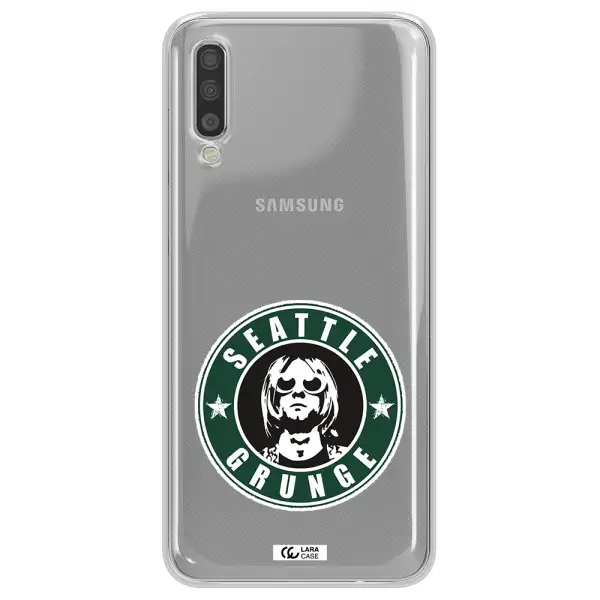 a logo with a man wearing sunglasses Samsung A70 Clear TPU Case
